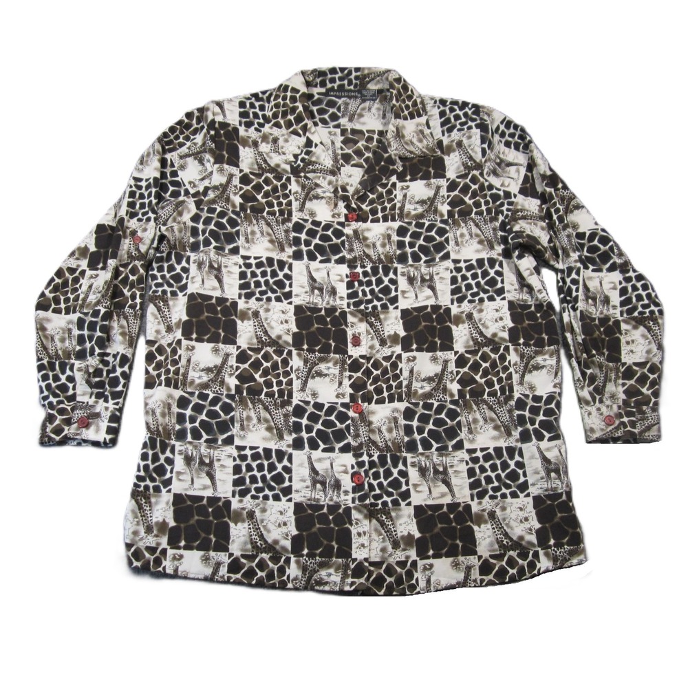 Vtg Impressions Shirt 1X Animal Print Shoulder‎ Pads 90s Safari African Giraffe